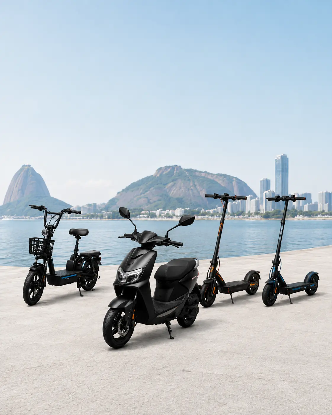 Linha de veículos elétricos Tubarão Motors: scooter, bike e patinetes
