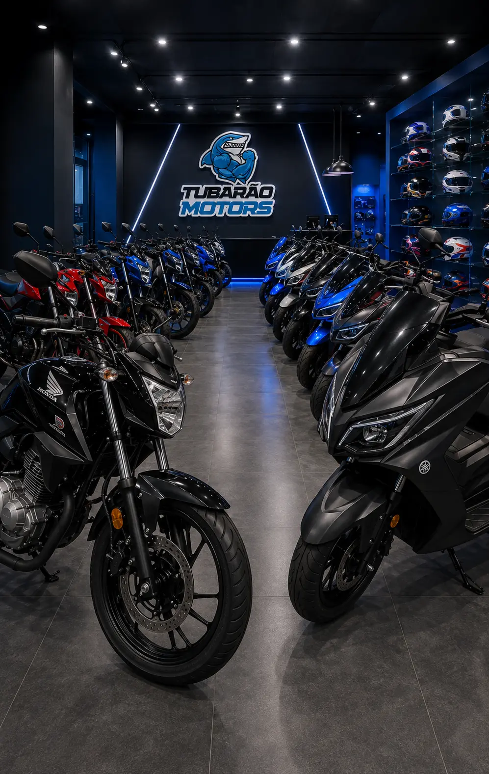 Showroom Tubarão Motors com fileiras de motos
